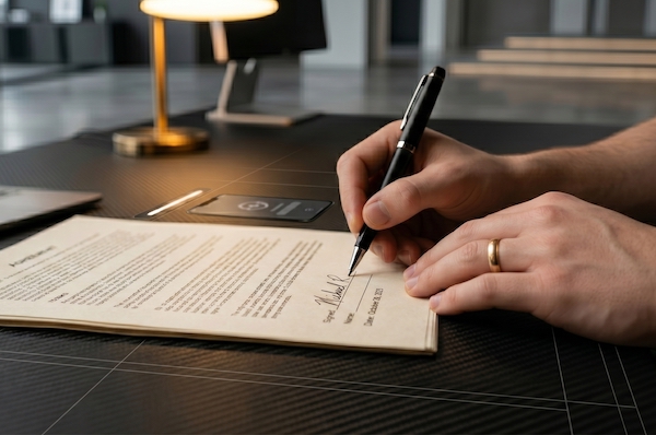 A person signing a DJ contract document at a desk