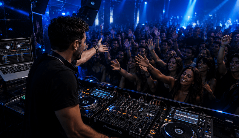 DJ stage presence during a live club performance while interacting with the crowd from behind a professional DJ booth.
