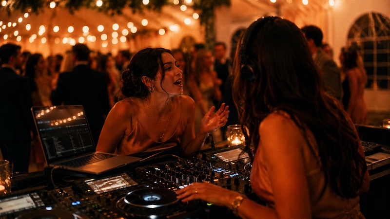A DJ leans over the booth to handle DJ requests from a guest at a string-lit outdoor party.