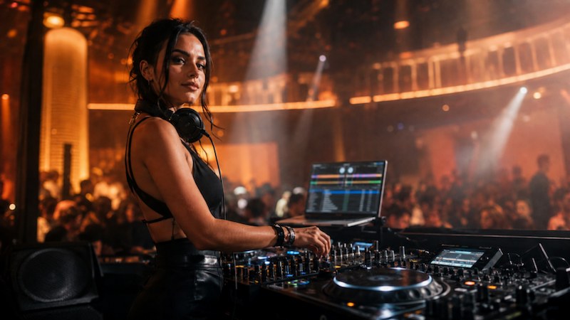 Club DJ at a lit booth with controller, laptop and headphones, crowd behind her, the rig a DJ backup plan covers.