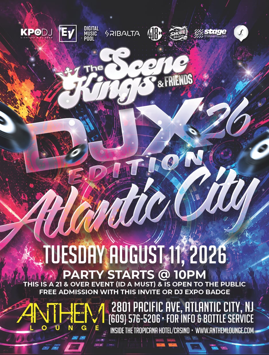 DJX '26 Atlantic City event flyer for The Scene Kings and Friends at Anthem Lounge on Tuesday, August 11