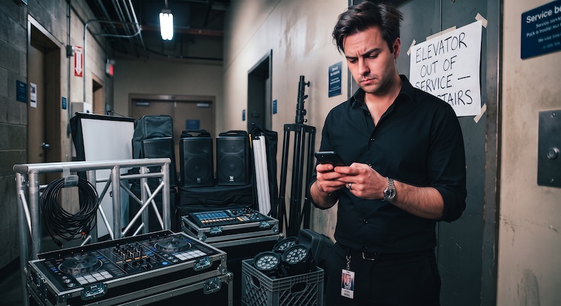 DJ load-in stalled in a venue hallway beside stacked road cases and an elevator out of service sign