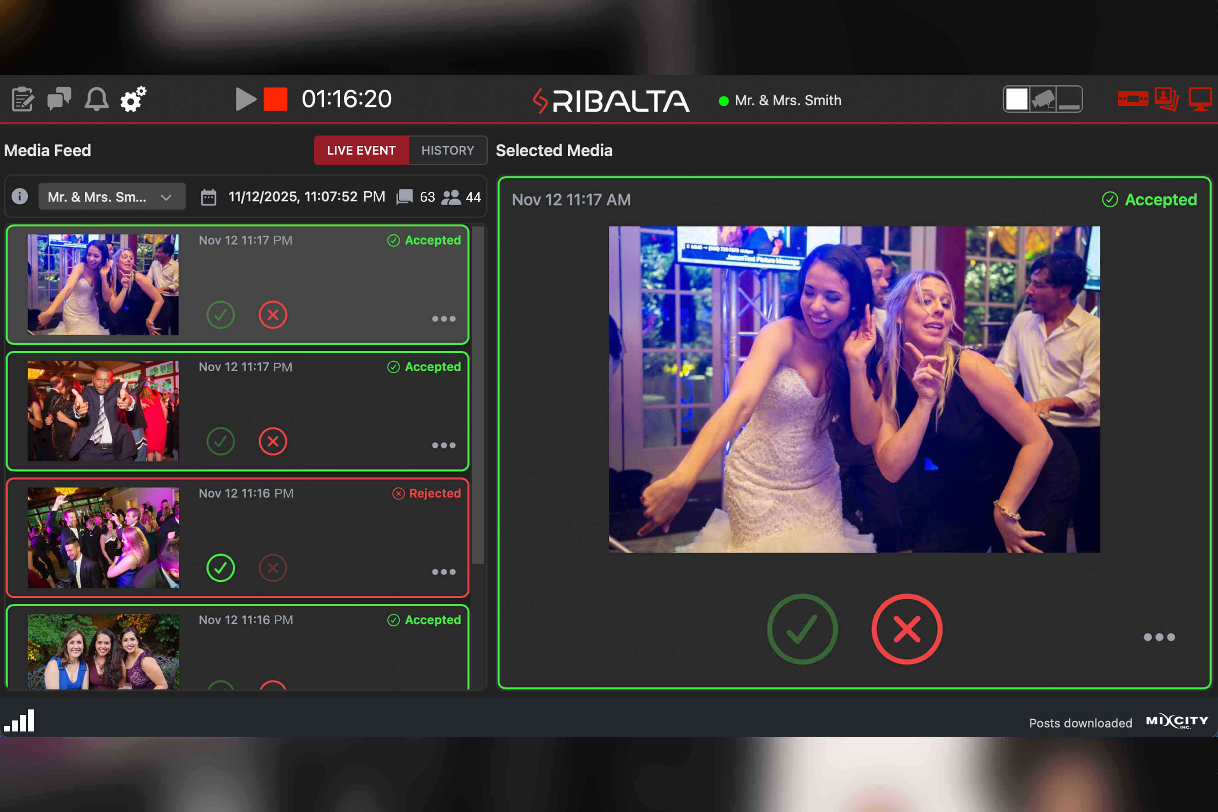 Event photo moderation dashboard showing approved and rejected wedding photos in real time using Ribalta event photo sharing software