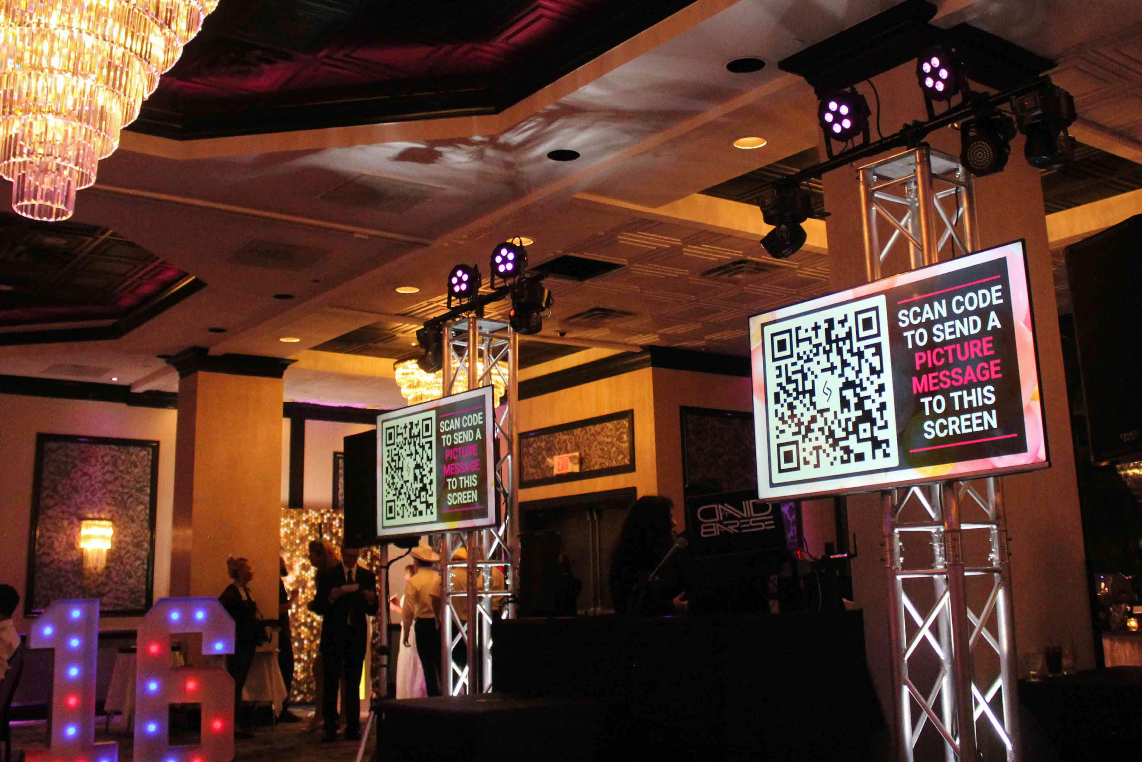 Sweet 16 event screens displaying Ribalta easy scan QR codes for guests to upload photos and messages to live event photo sharing platform